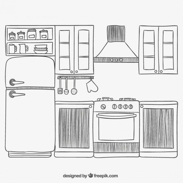 a black and white drawing of a kitchen with an oven, stove, refrigerator and sink