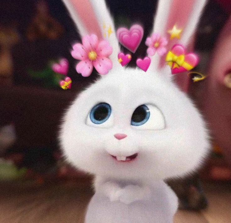 a white rabbit with blue eyes and pink flowers on its head