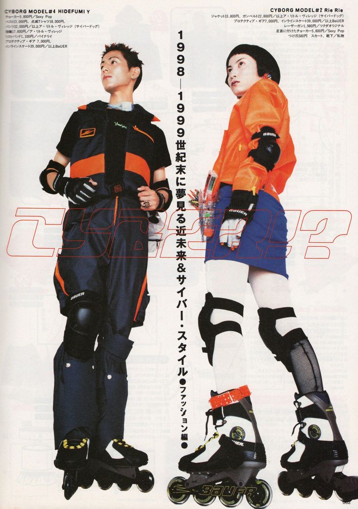 an advertisement for roller skates with two people in full gear on the front and back