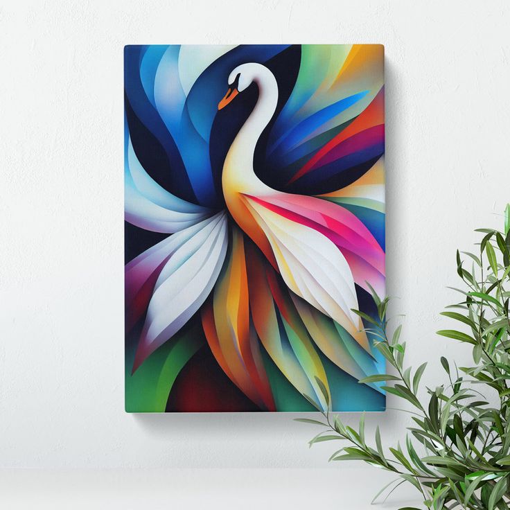 a painting of a colorful bird on a white wall next to a potted plant