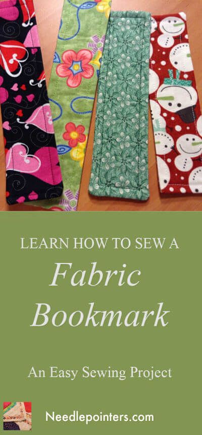 four fabric bookmarks with the title learn how to sew a fabric bookmark