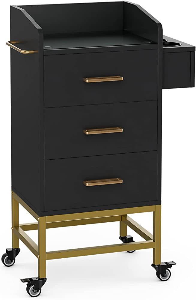 a black and gold cart with three drawers