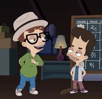 two cartoon characters standing in front of a blackboard