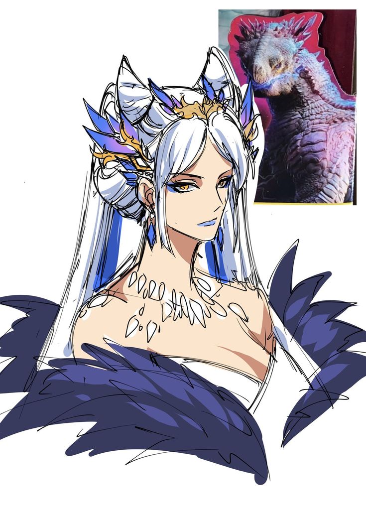 a drawing of a woman with white hair and blue eyes, next to an image of a bird