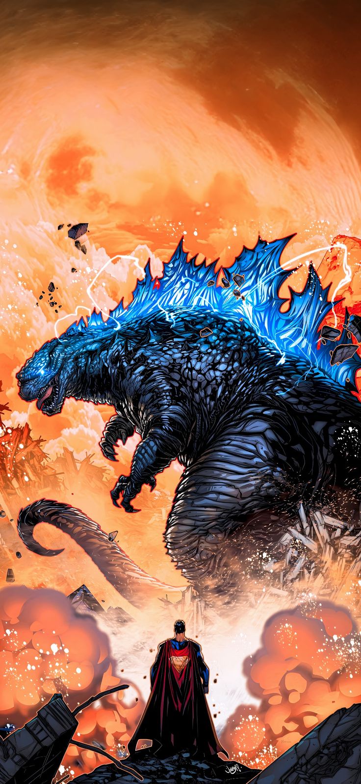 an image of a godzilla attacking another creature in the air with fire and water around it