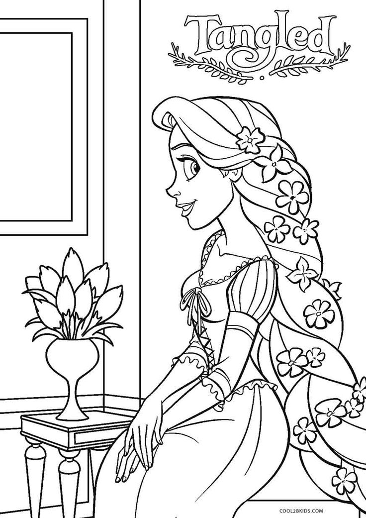 the princess from tangled is sitting in her room with flowers and potted plant on the table