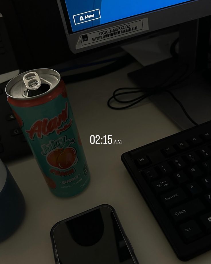 a soda can sitting on top of a desk next to a keyboard and monitor with a cell phone