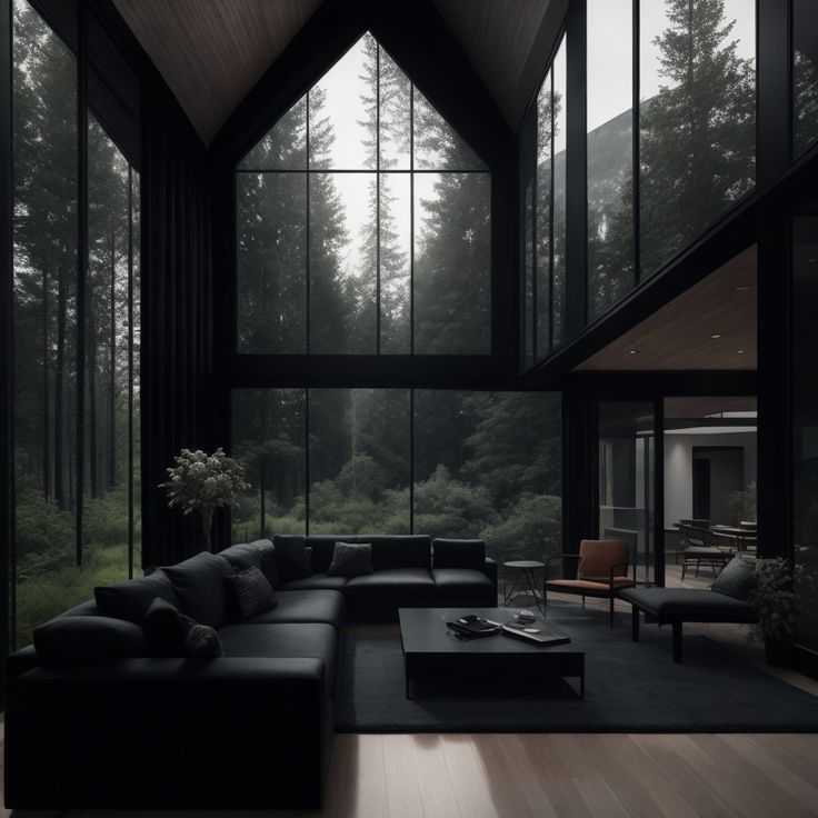 Dark luxury house in the nature Luxury Home Interior Aesthetic, Modern Black Aesthetic House, Houses Dark Aesthetic, Luxury Black Interior, Home Black Aesthetic, Dark Nature House Aesthetic, All Black Homes, Dark Nature House, Black House Asthetics