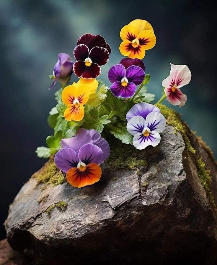 colorful pansies growing out of a rock