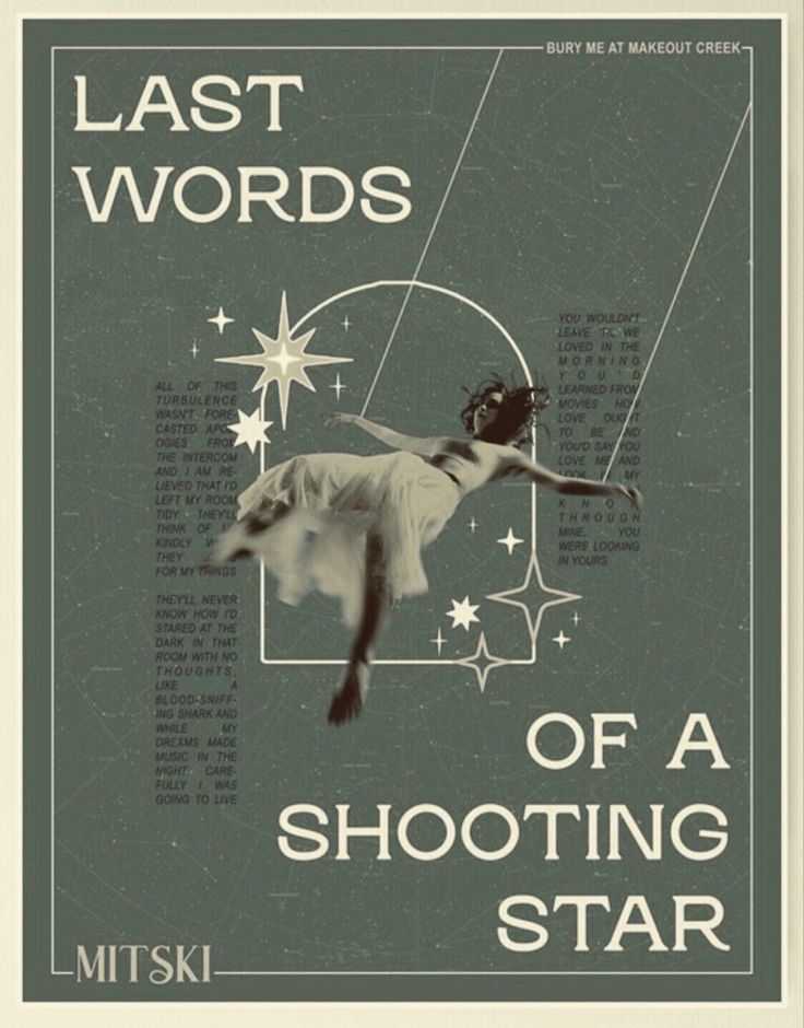 an advertisement for the last words of a shooting star, with a woman flying through the air