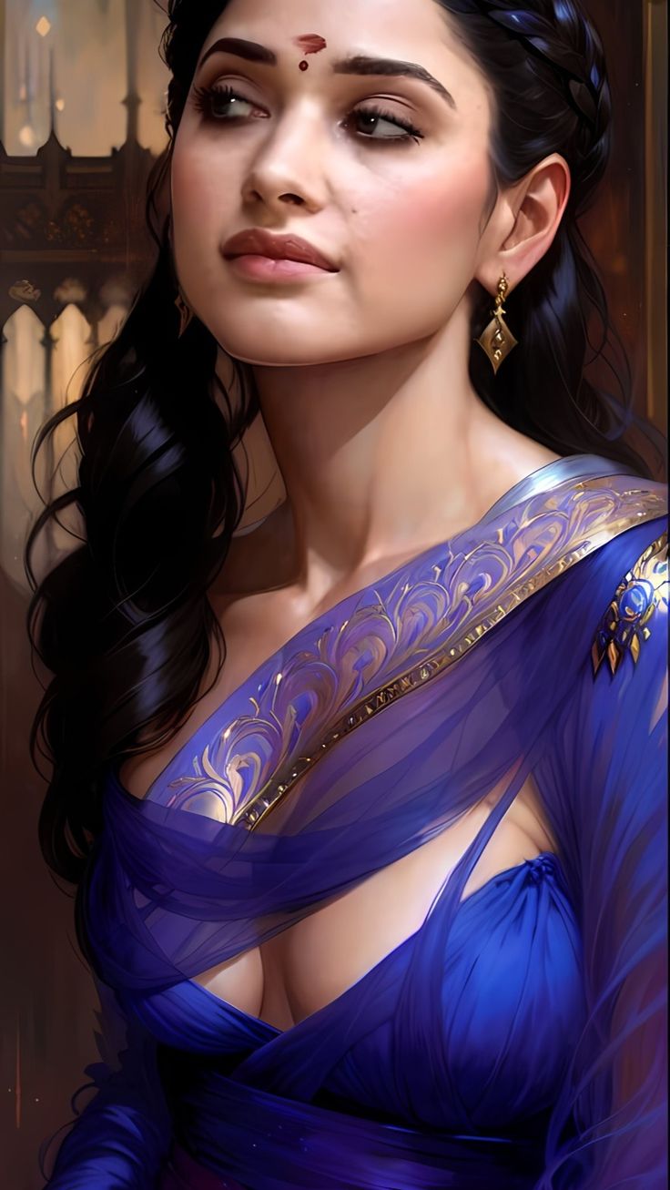 a painting of a woman in a blue dress with gold accents on her chest and shoulder