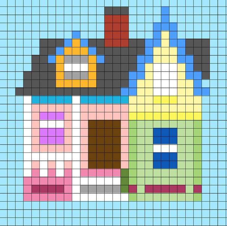 a cross stitch pattern with a house in the middle and two windows on each side