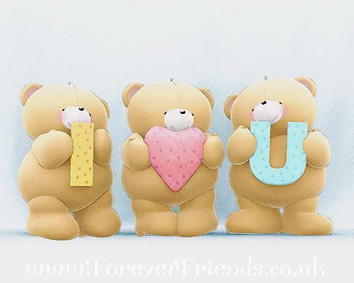 three teddy bears holding up the letters u and j to spell out their love for each other