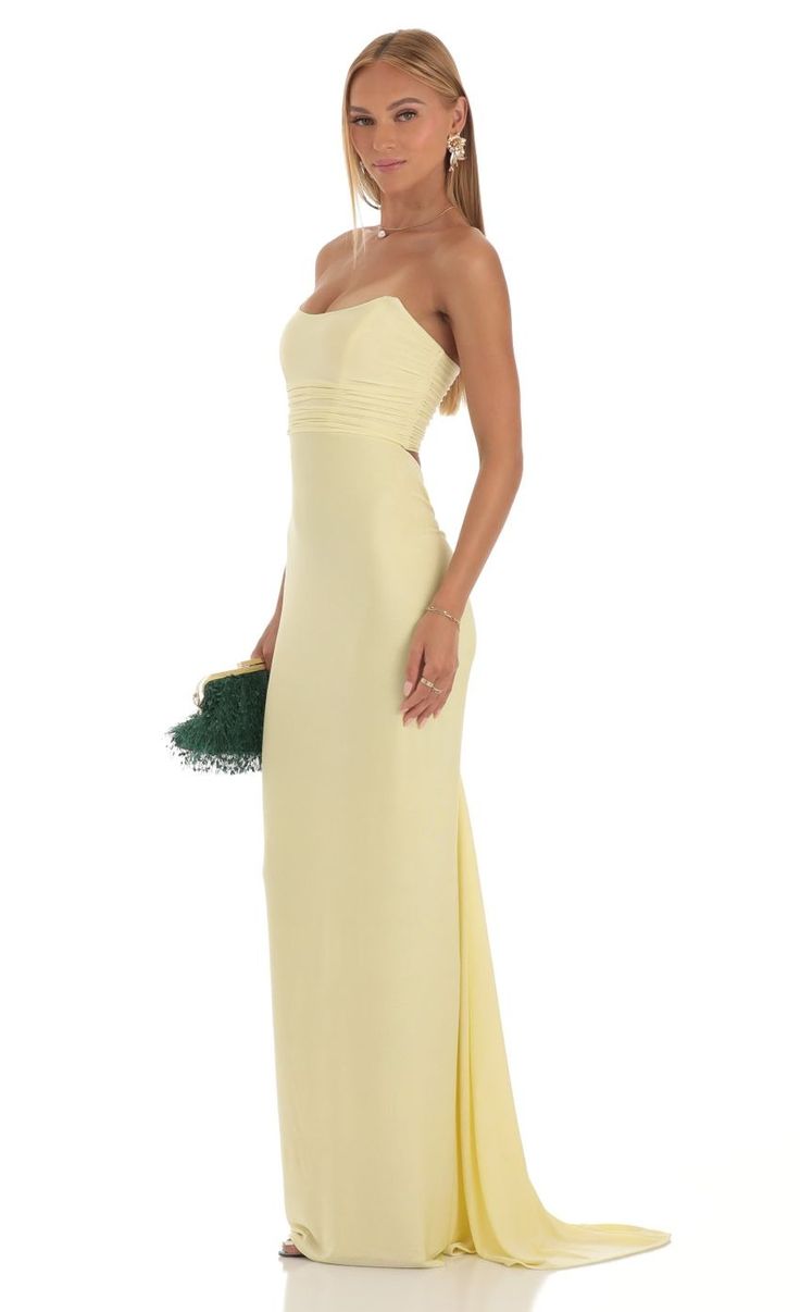 Macey Corset Strapless Dress in Yellow | LUCY IN THE SKY Light Yellow Prom Dress, Vestido Strapless, Tight Prom Dresses, Silk Prom Dress, Prom Dress Inspo, Yellow Bridesmaid Dresses, Deb Dresses, Yellow Maxi Dress, Strapless Prom Dresses