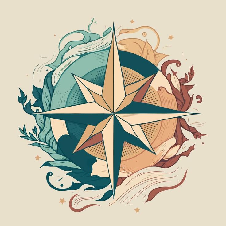 a compass with leaves and swirls around it on a beige background, surrounded by waves
