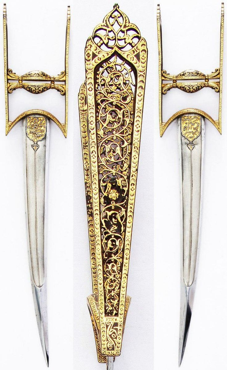 three different types of knifes with intricate designs on the handles and sides, all in gold