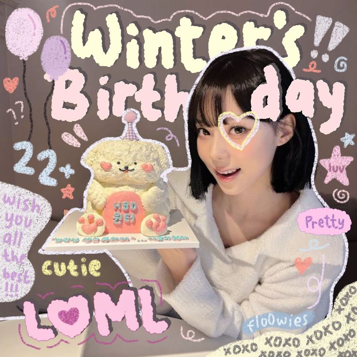 a woman holding up a cake in front of a sign with the words winter's birthday written on it