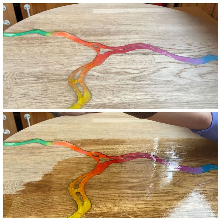 two pictures of the same table with different colored paint on it, and one is being painted