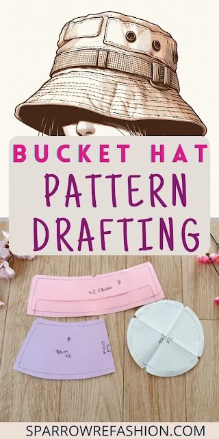 a bucket hat pattern drafting project with paper and scissors on the table next to it