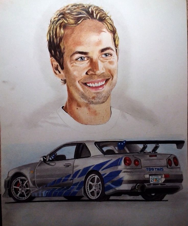 a drawing of a smiling man next to a car