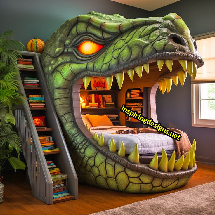 a bedroom with a bed made up to look like a dinosaur's head and mouth