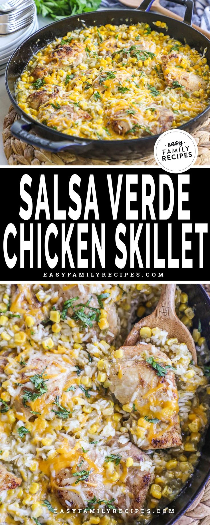 salsa verde chicken skillet in a cast iron skillet with text overlay