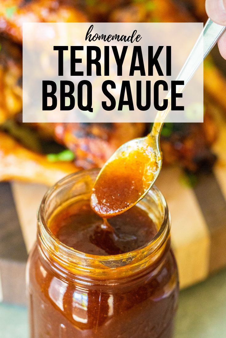 homemade teriyaki bbq sauce in a mason jar with a spoon sticking out