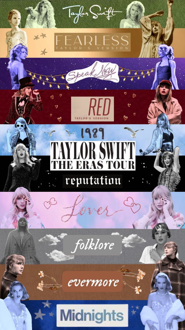 the poster for taylor swift's tour is shown in four different colors and sizes