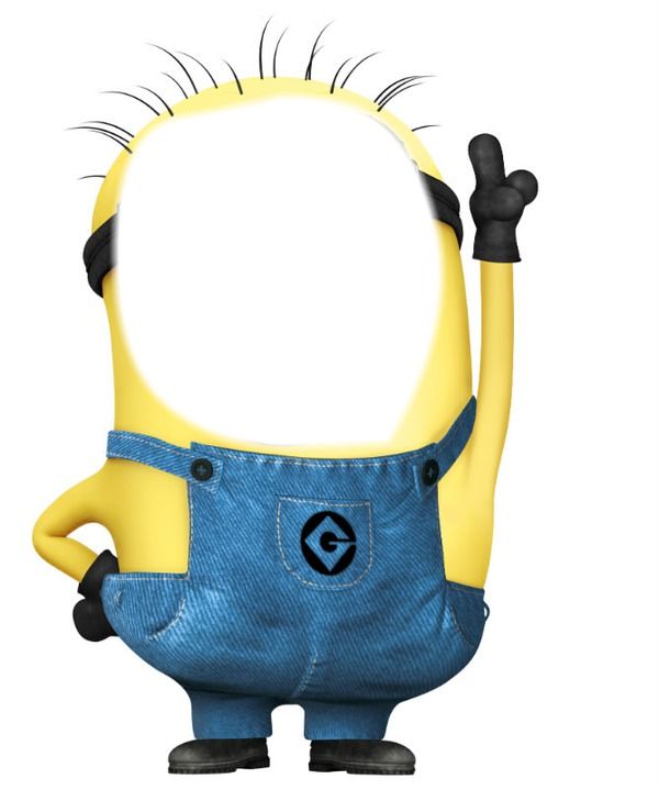 a cartoon minion holding his head in the air with one hand and two fingers up