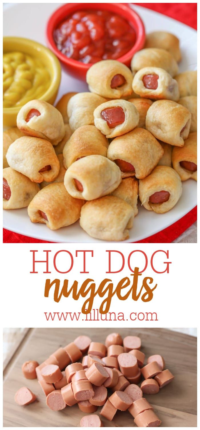 hot dog nuggets on a plate with ketchup and mustard in the background