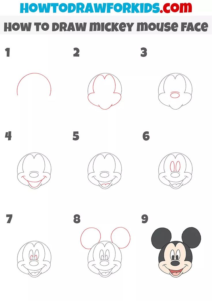 How to Draw Mickey Mouse Face - Easy Drawing Tutorial For Kids Cartoon Drawings Easy Disney, Easy To Draw Mickey Mouse, Easy Cartoon Drawings Mickey Mouse, Drawing Ideas Mickey Mouse, Mickey Easy Drawing, Mickey Mouse Cartoon Drawing, Mickey Mouse Nail Art Tutorial, Easy How To Draw Disney Characters, Step By Step Mickey Mouse Drawing