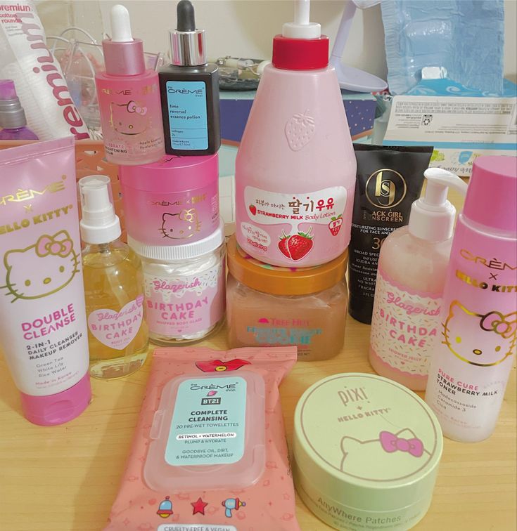 my entire skincare routine! Kawaii, Sanrio Skincare, Strawberry Skincare, Kawaii Skincare, Hello Kitty Makeup, Pink Lifestyle, Shower Skin Care, Perfect Skin Care Routine, Pretty Skin Care