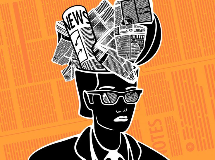 a man wearing glasses and a hat with newspapers on top of his head in front of an orange background