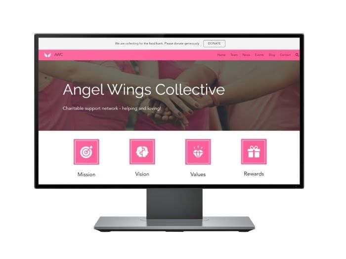 the angel wings collective website displayed on a computer screen, with pink and white icons