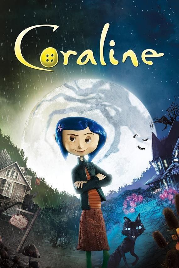 the dvd cover for coraline features a cartoon character and an image of a woman standing in front of a full moon