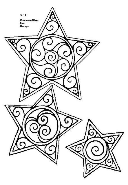 three star shapes with spiral designs on them