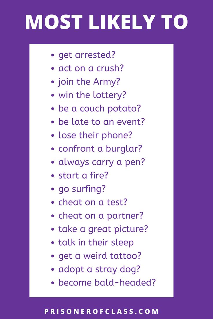 a purple poster with the words most likely to
