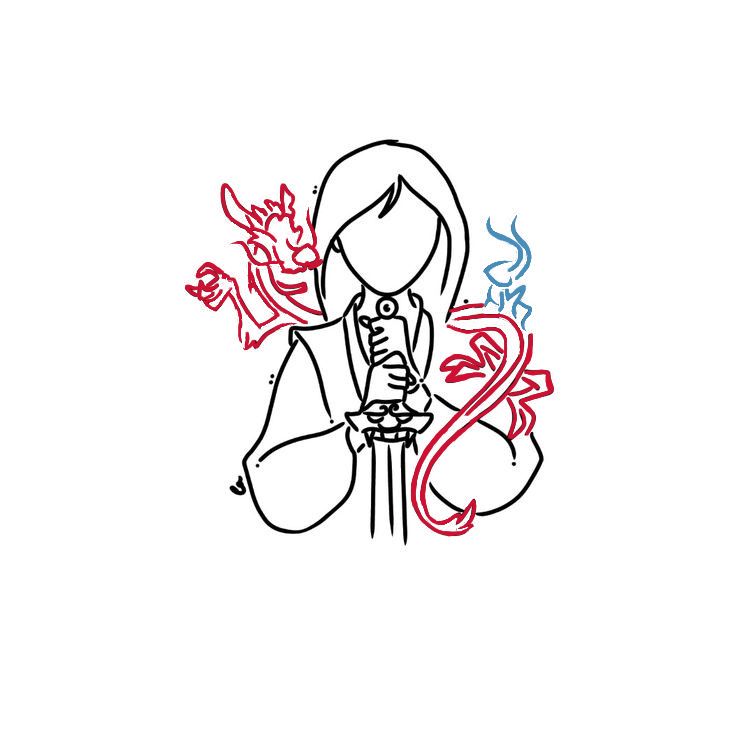 a drawing of a woman holding a cell phone in front of her face and dragon around her neck