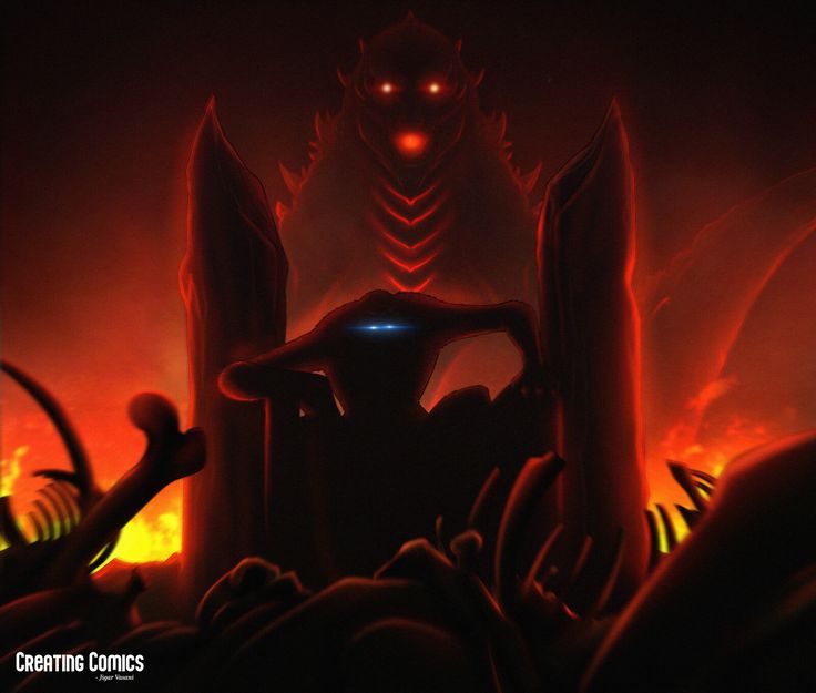 an image of a sci - fi scene in the dark with flames and monsters surrounding it