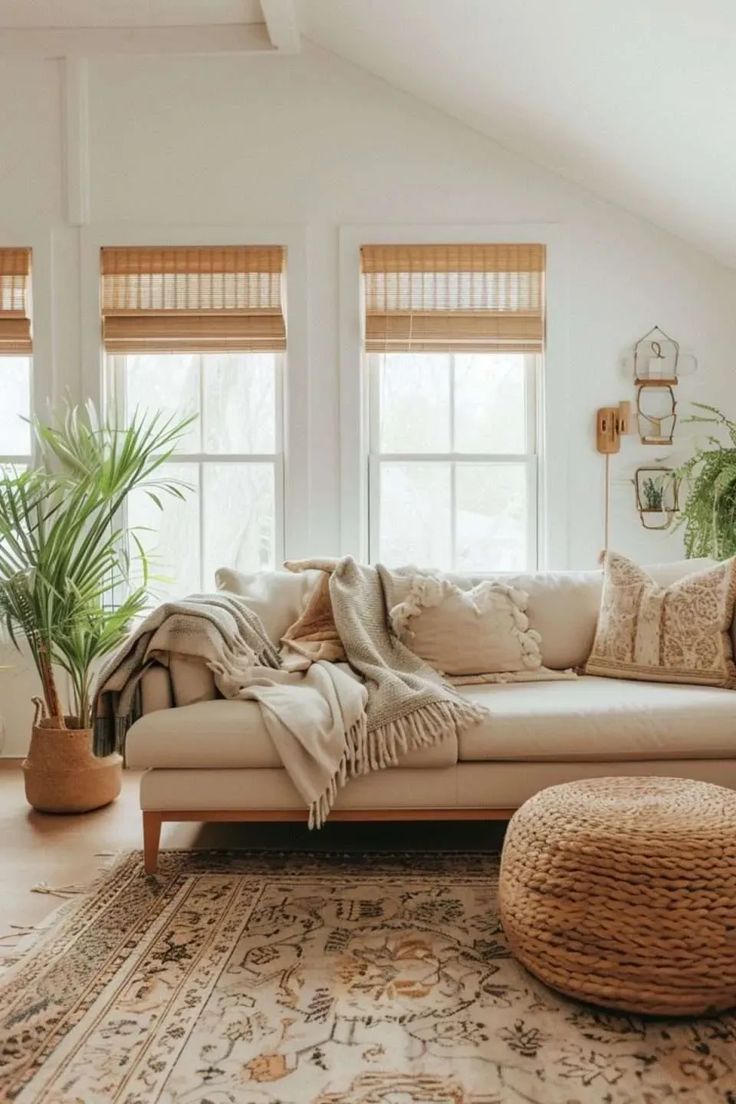 a living room filled with lots of furniture and plants on top of a wooden floor