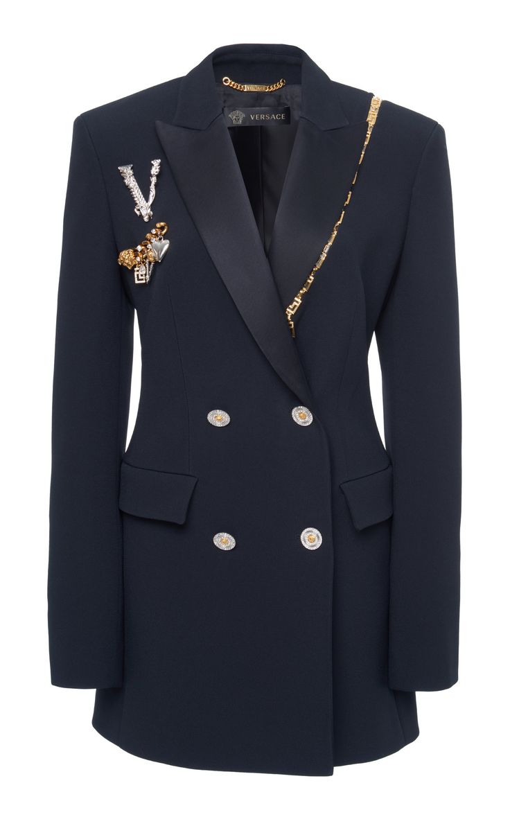 Crepe Draped Chain Blazer by VERSACE for Preorder on Moda Operandi Versace Suits Women, Blazer With Chains, Chain Blazer, Versace Clothes, Versace Suit, Versace Blazer, Versace Coat, Robes Glamour, Crepe Blazer