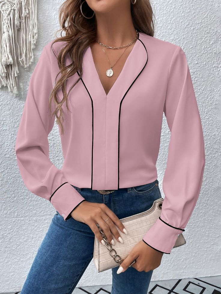 Pink Elegant Collar Long Sleeve Fabric Striped Top Embellished Non-Stretch  Women Clothing Tops For Working Women, Fashion Work Outfit, Classy Blouses, Fashion Tops Blouse, Rose Bonbon, Simple Blouse, Fitted Blouses, Elegant Blouses, Stylish Blouse