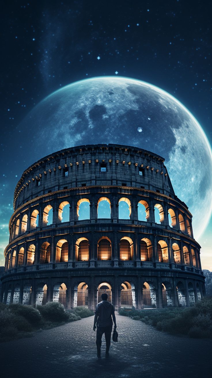 a man standing in front of the colossion at night, with the moon behind him