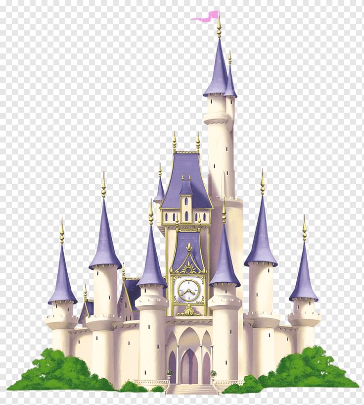 an image of a castle with a clock on the front and purple turrets at the top