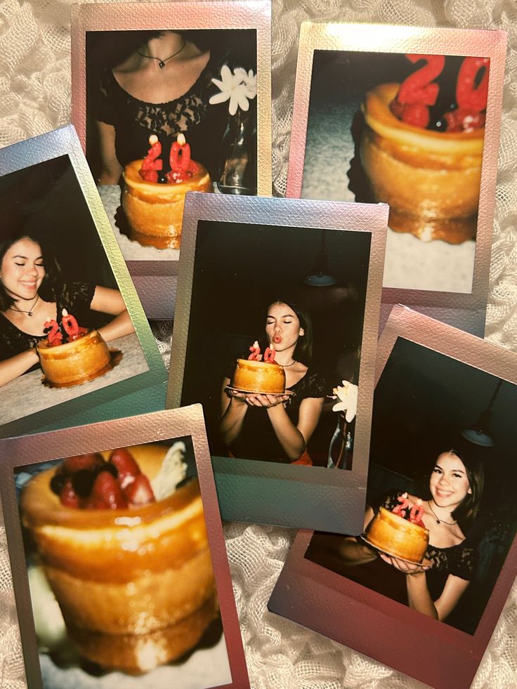 four polaroid photos of two women holding a cake