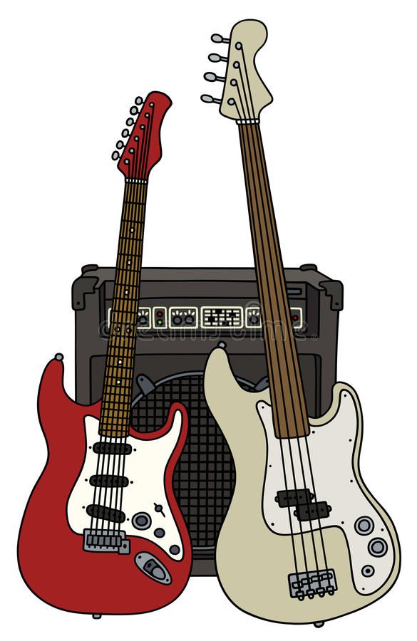 two guitars and an amp are sitting side by side in front of each other on a white background