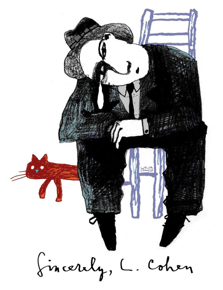 a drawing of a man sitting on a chair next to a cat with his head in his hands