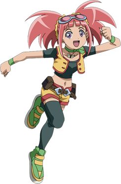 an anime character with pink hair and goggles is flying through the air while wearing green shoes