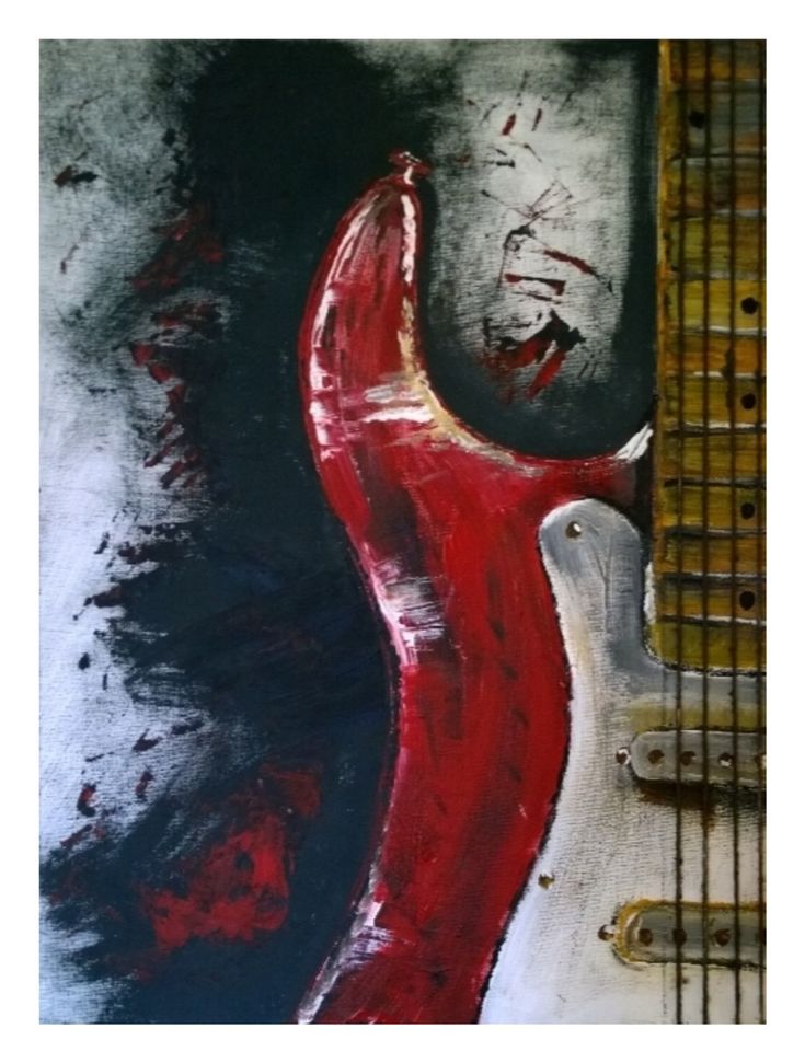 an abstract painting of a guitar with red and white paint on it's body