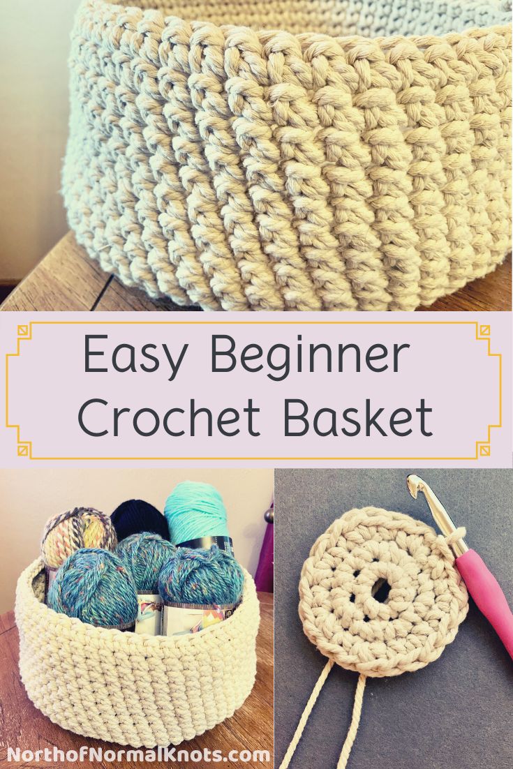 crochet basket with yarn and knitting needles in it, the title says easy beginner crochet basket